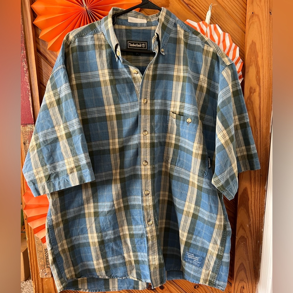 MensVintage L Timberland short sleeve plaid shirt.  Tailored by Timberland denim